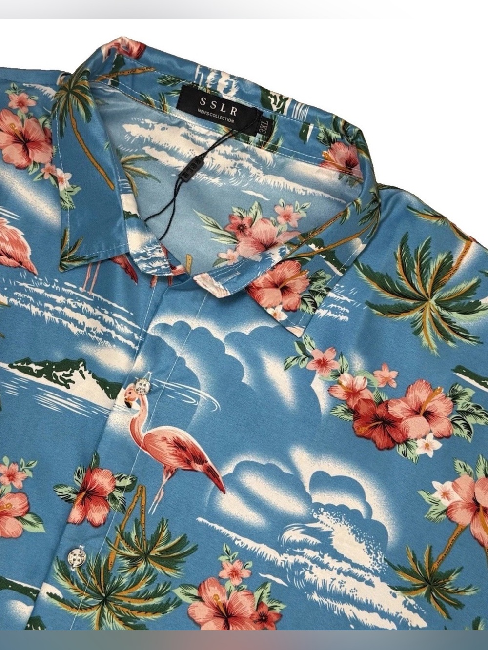 New SSLR Men's Blue Flamingo Print Button Up
Hawaiian Aloha Shirt Size 3XL
